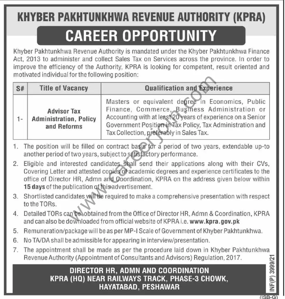 Khyber Pakhtunkhwa Revenue Authority KPRA Jobs Advisor Tax Administration Policy and Reform 01