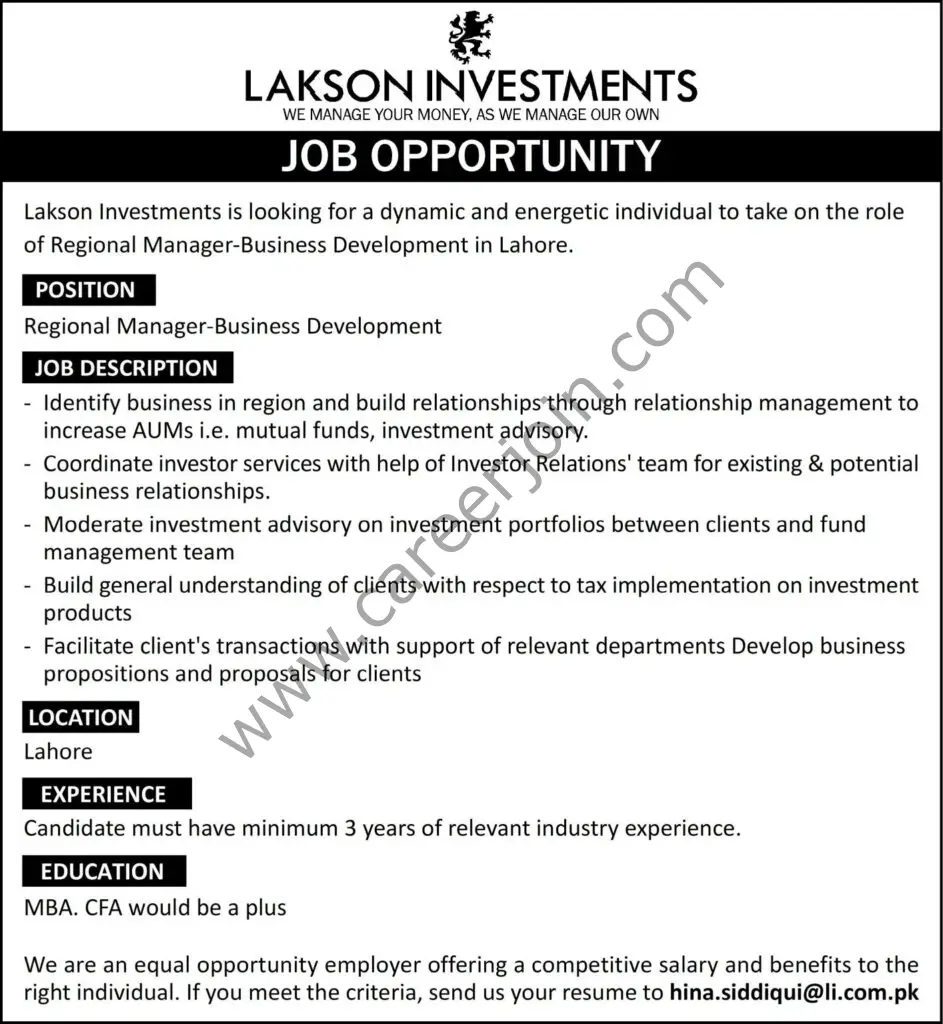 Lakson Investments Ltd Jobs 11 August 2021