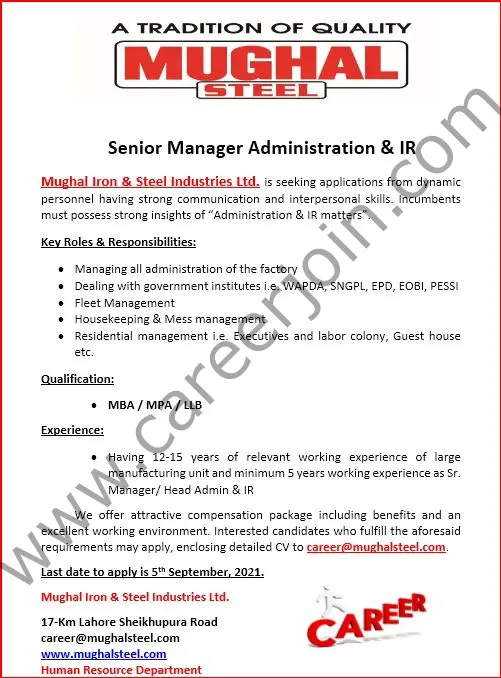 Mughal Iron & Steel Industries Limited MISIL Jobs Senior Manager Administration & IR