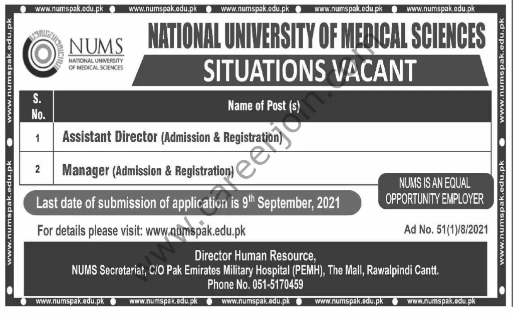 National University Of Medical Sciences NUMS Jobs August 2021 01