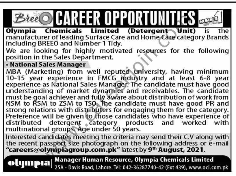 Olympia Chemicals Ltd Jobs National Sales Manager 01