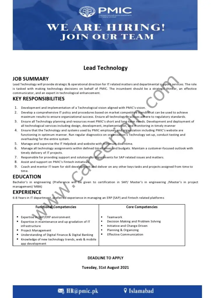 Pakistan Microfinance Investment Company Ltd PMIC Jobs Lead Technology 01