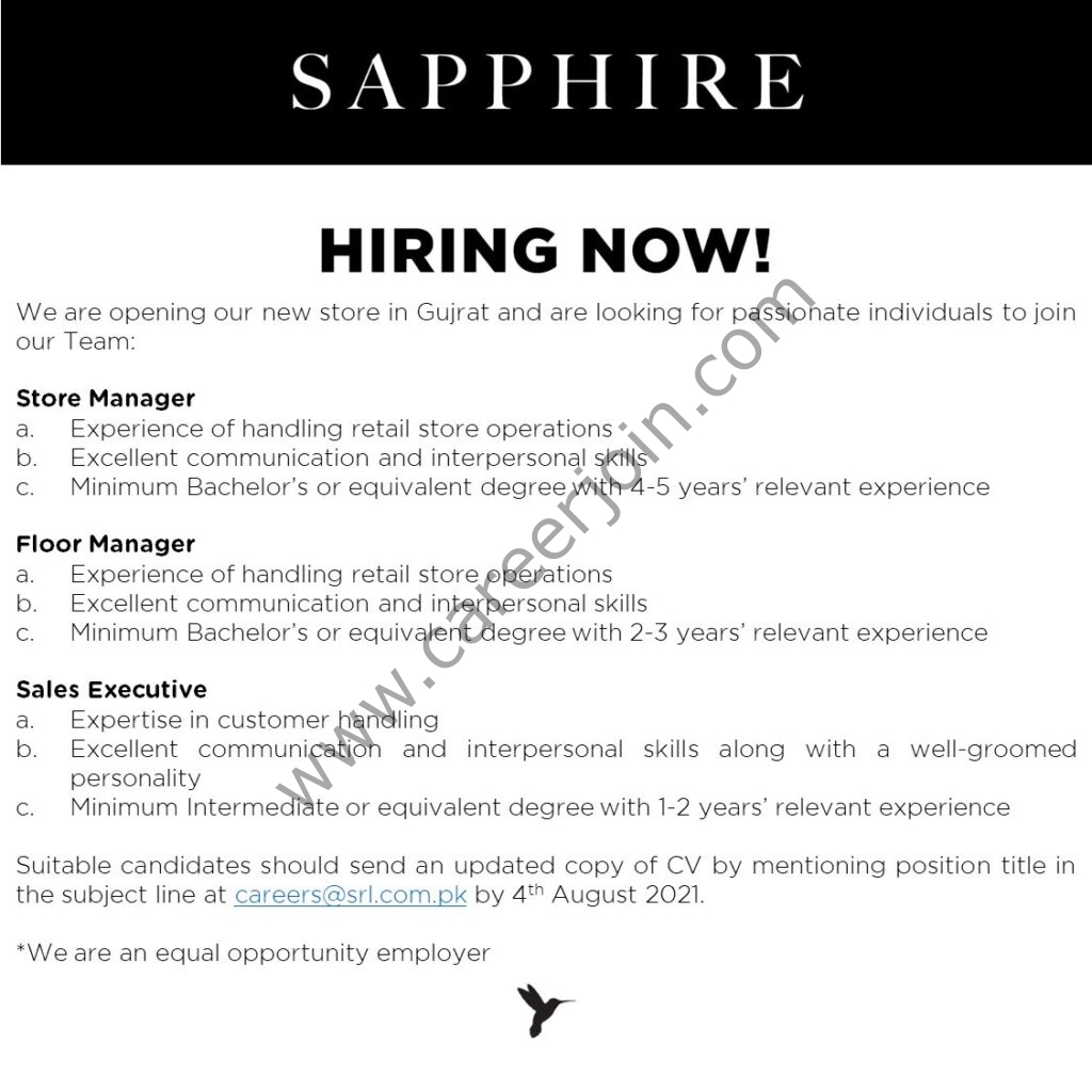Sapphire Retail Limited SRL Jobs August 2021 01