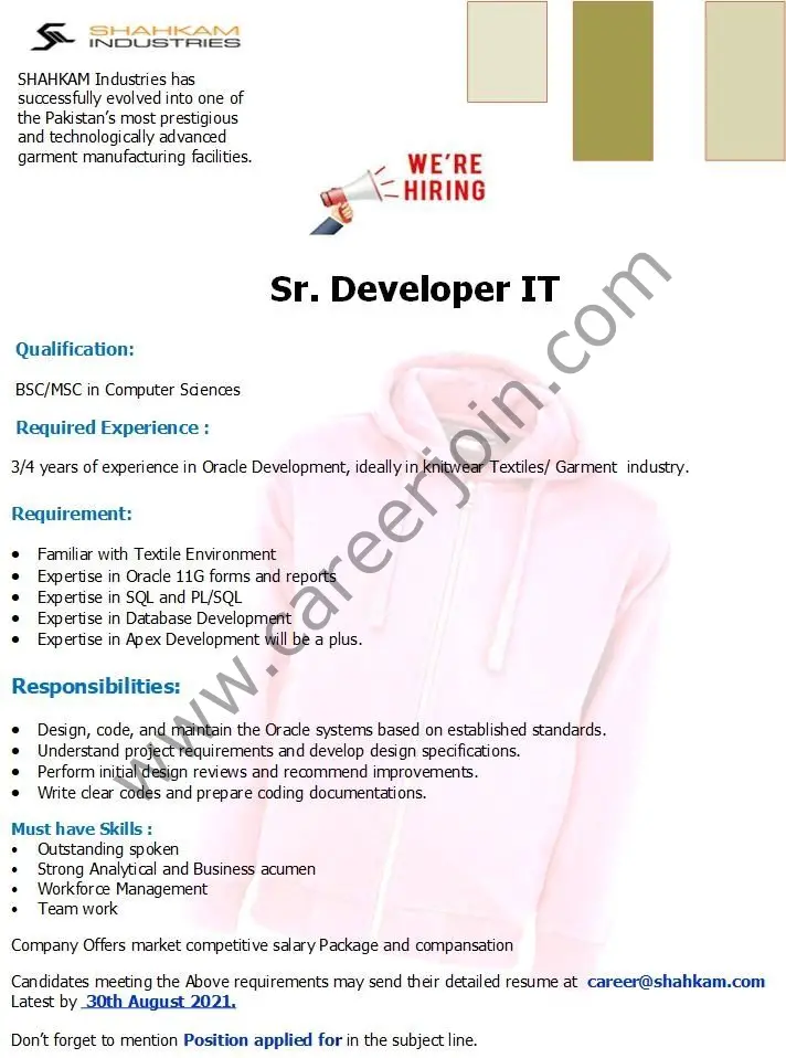 Shahkam Industries Pvt Ltd Jobs Senior Developer IT
