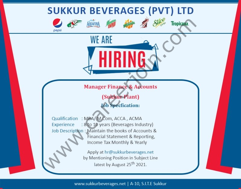 Sukkur Beverages Pvt Ltd Jobs Manager Finance & Accounts