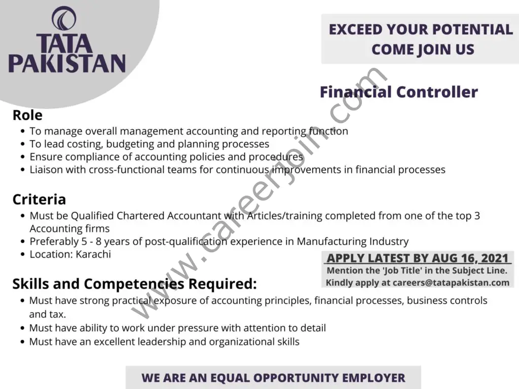 TATA Pakistan Jobs 09 August 2021
