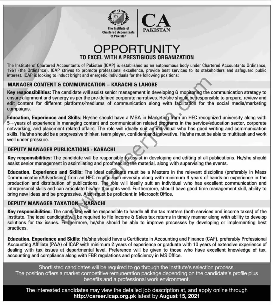 The Institute Of Chartered Accountants Of Pakistan ICAP Jobs August 2021 01