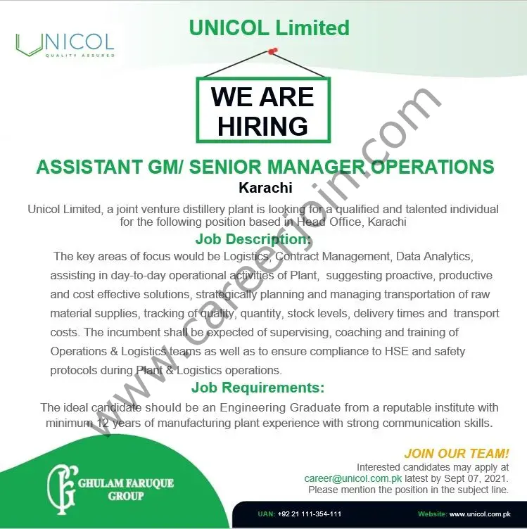 Unicol Limited Jobs Assistant GM / Senior Manager Operations 01