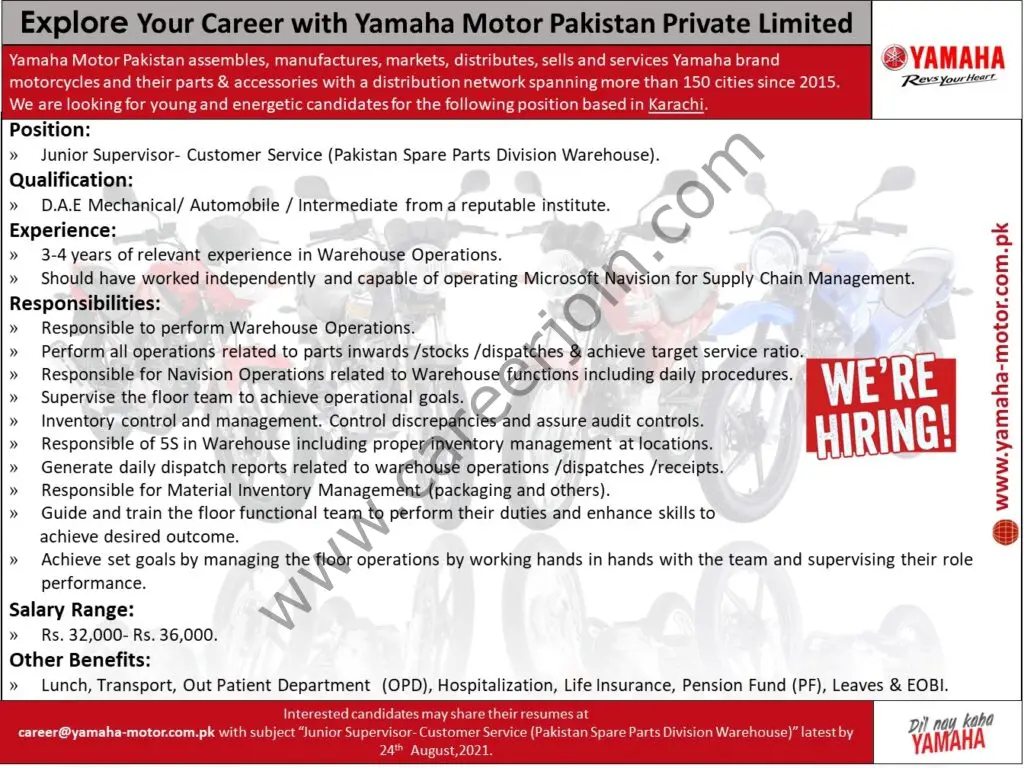 Yamaha Motor Pakistan Pvt Ltd Jobs 21 August 2021