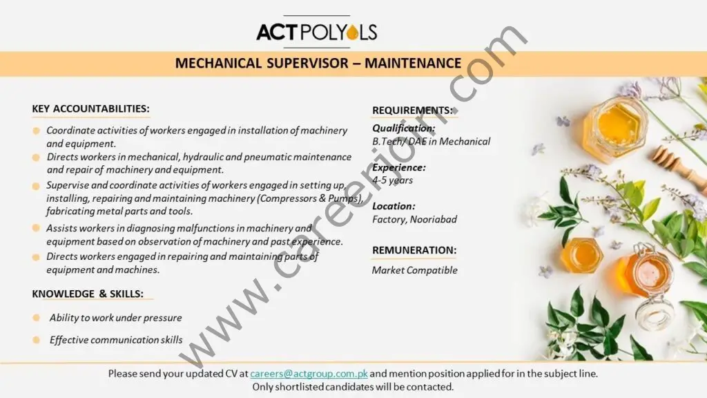 ACT Polyols Jobs Mechanical Supervisor Maintenance 01