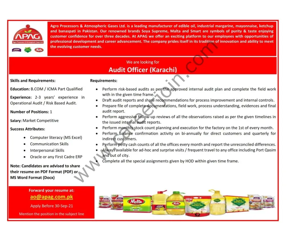 Agro Processors & Atmospheric Gases Ltd APAG Jobs Audit Officer 01