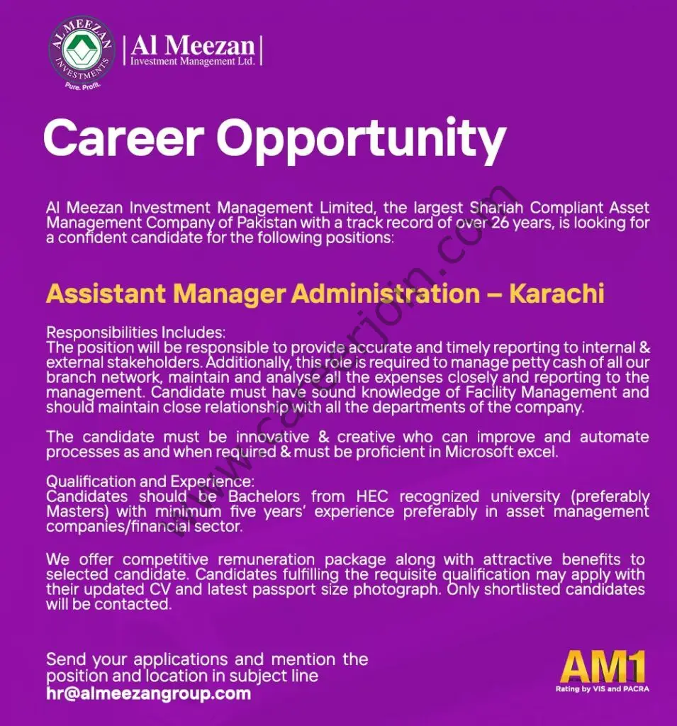 Al Meezan Investments Management Limited Jobs Assistant Manager Administration 01