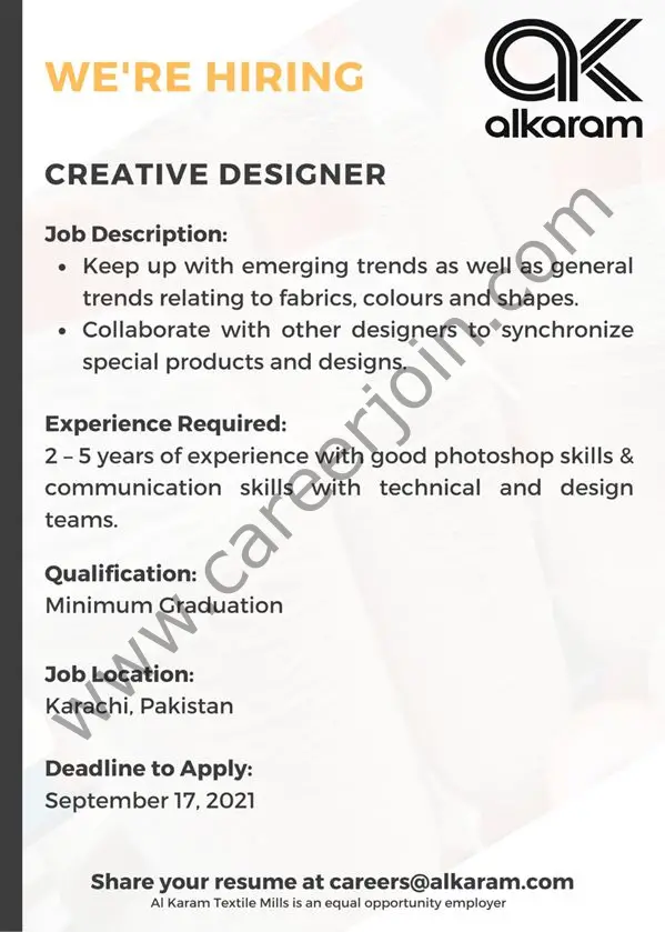 Alkaram Textile Mills Limited Jobs Creative Designer 01