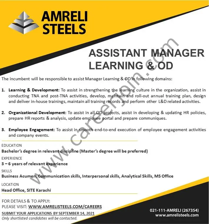 Amreli Steels Jobs Assistant Manager Learning & OD 01
