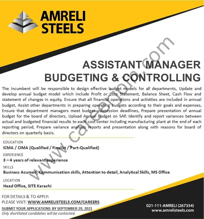 Amreli Steel Jobs Assistant Manager Budgeting & Controlling 01