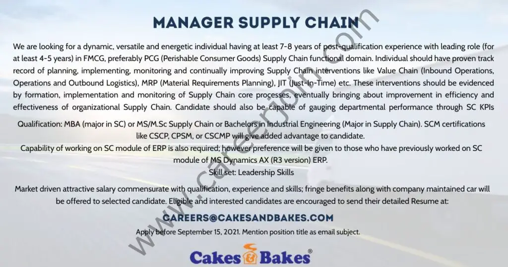 Cakes & Bakes Pakistan Jobs Manager Supply Chain 01