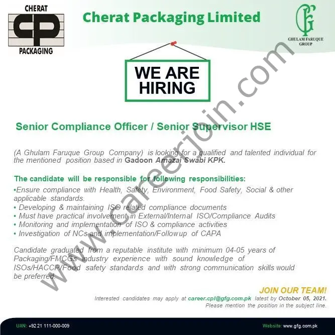 Cherat Packaging Limited Jobs Senior Compliance Officer / Senior Supervisor HSE 01