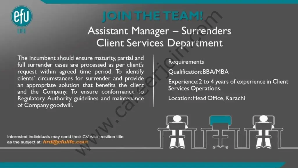 EFU Life Assurance Limited Jobs Assistant Manager Surrenders 01