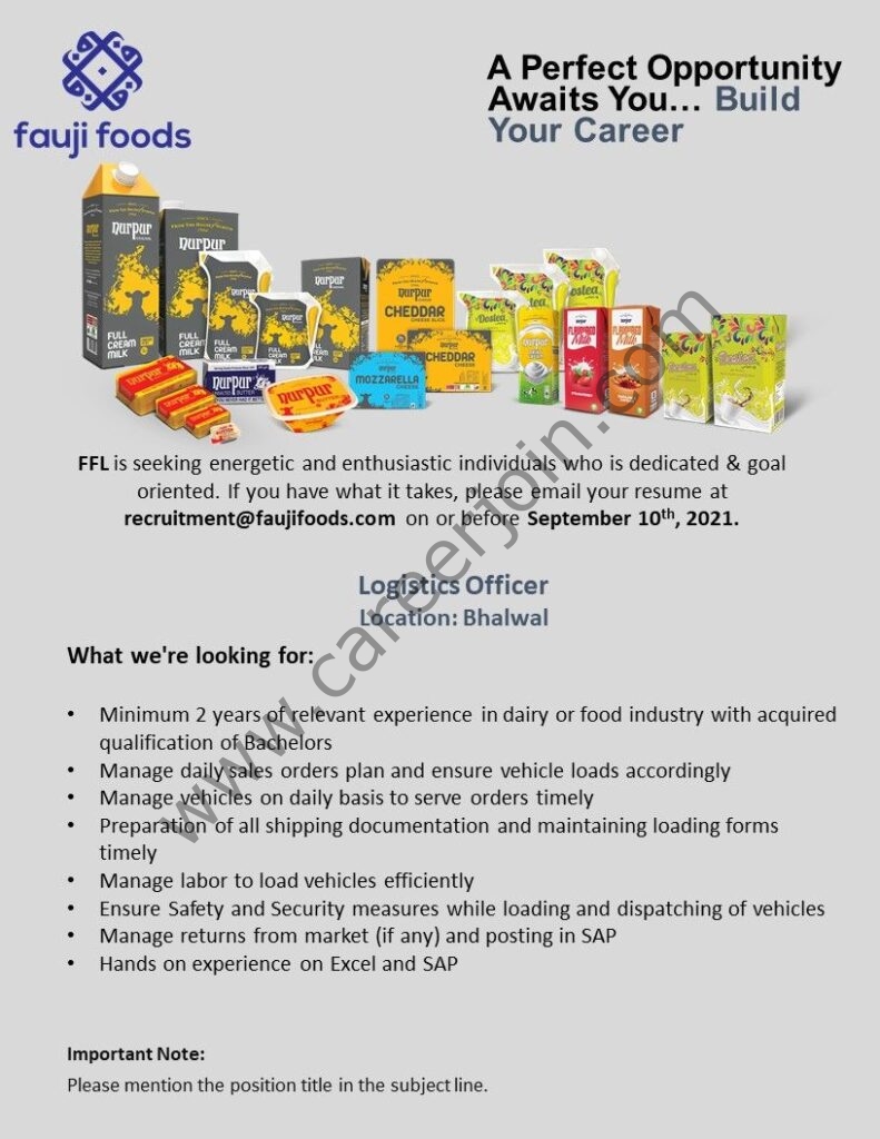 Fauji Foods Limited FFL Jobs Logistics Officer 01