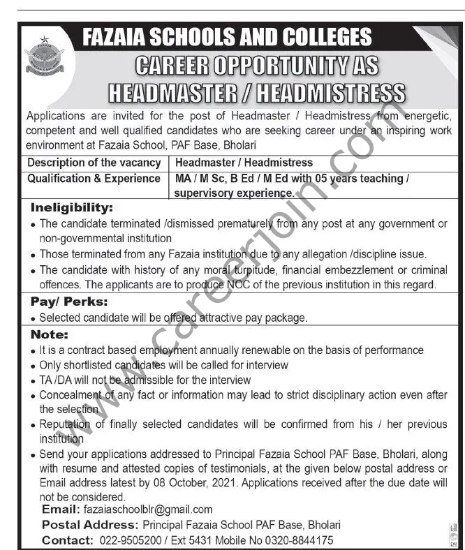 Fazaia Schools & Colleges Jobs 26 September 2021 Express Tribune 01