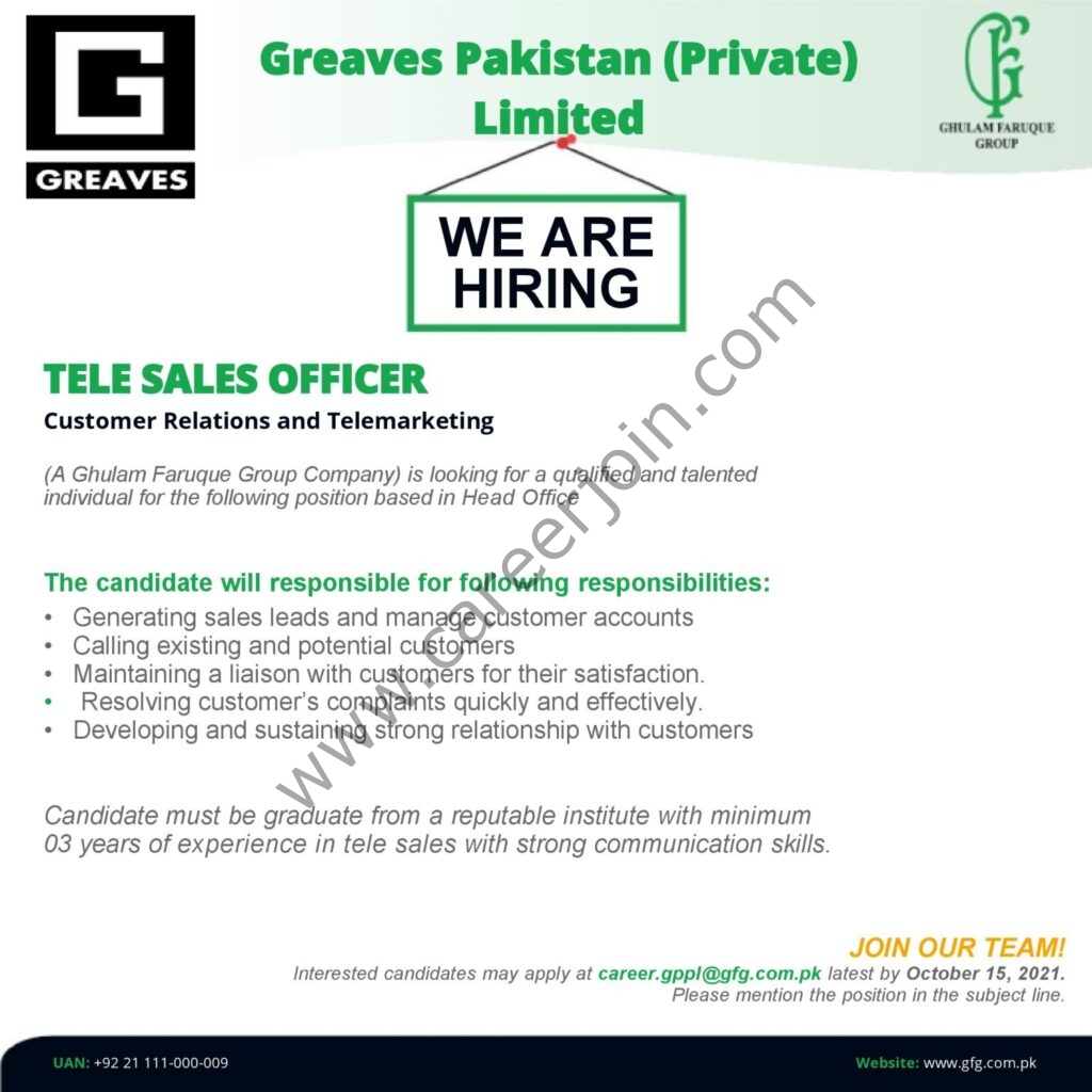 Greaves Pakistan Pvt Ltd Jobs Telesales Officer 01