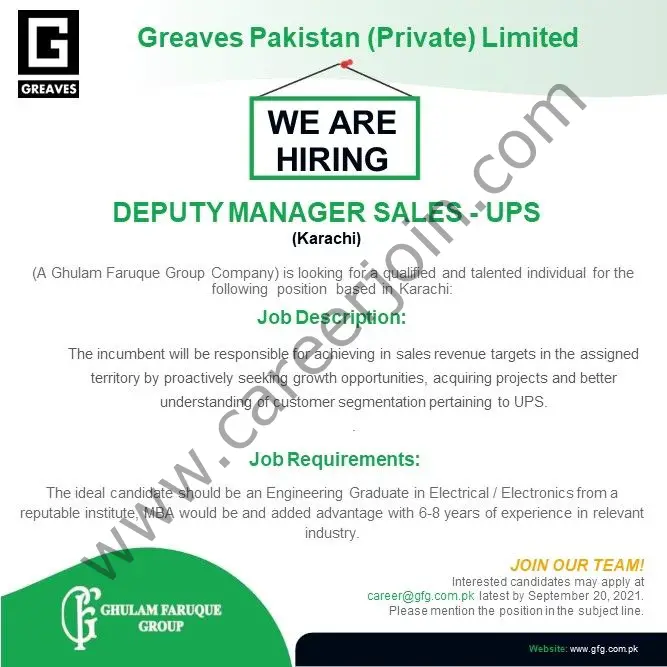 Greaves Pakistan Private Ltd Jobs Deputy Manager Sales UPS 01