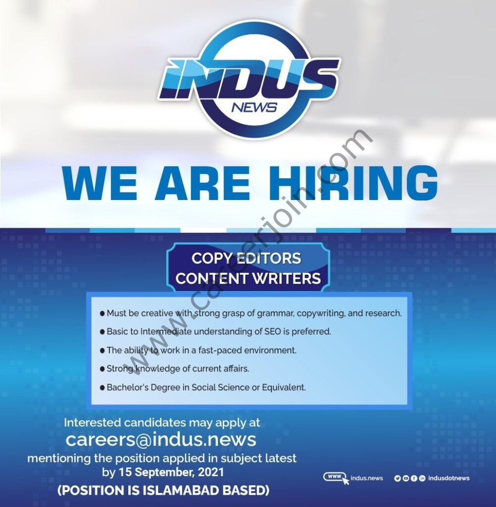 Indus News Jobs September 2021 01