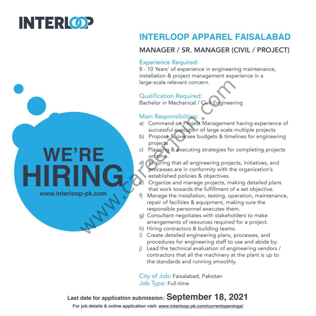 Interloop Limited Jobs Manager / Senior Manager Civil / Project 01