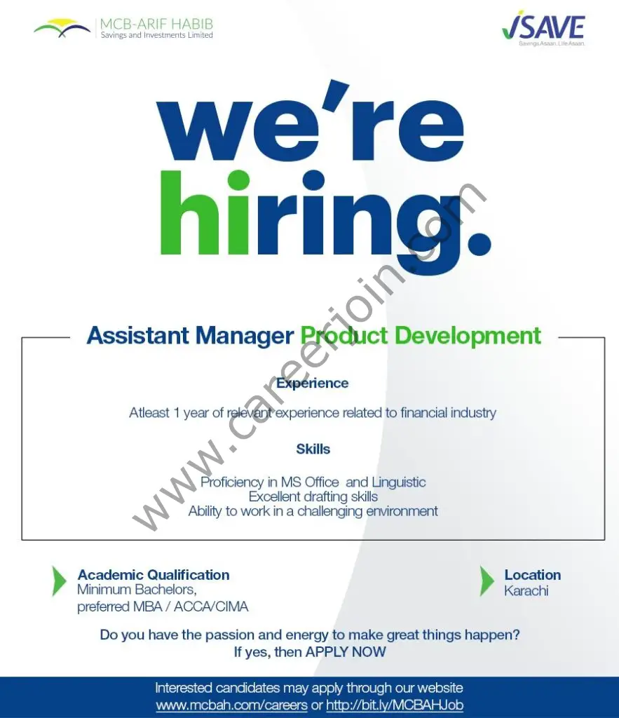 MCB Arif Habib Savings & Investment Limited Jobs Assistant Manager Product Development 01