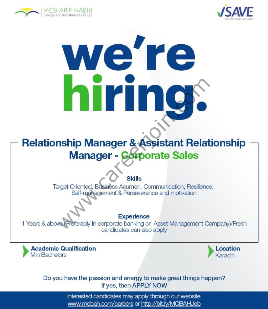 MCB Arif Habib Savings & Investments Limited Jobs Relationship / Assistant Relationship Manager Corporate Sales 01
