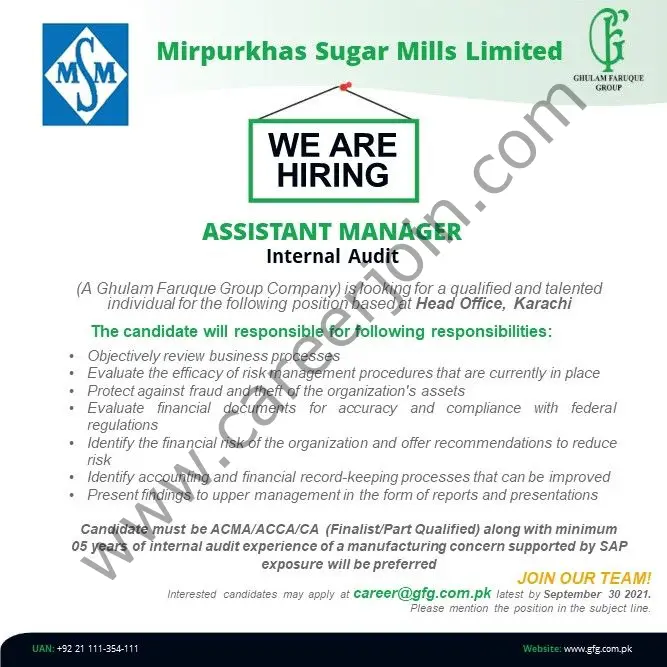 Mirpurkhas Sugar Mills Limited Jobs Assistant Manager Internal Audit: 01