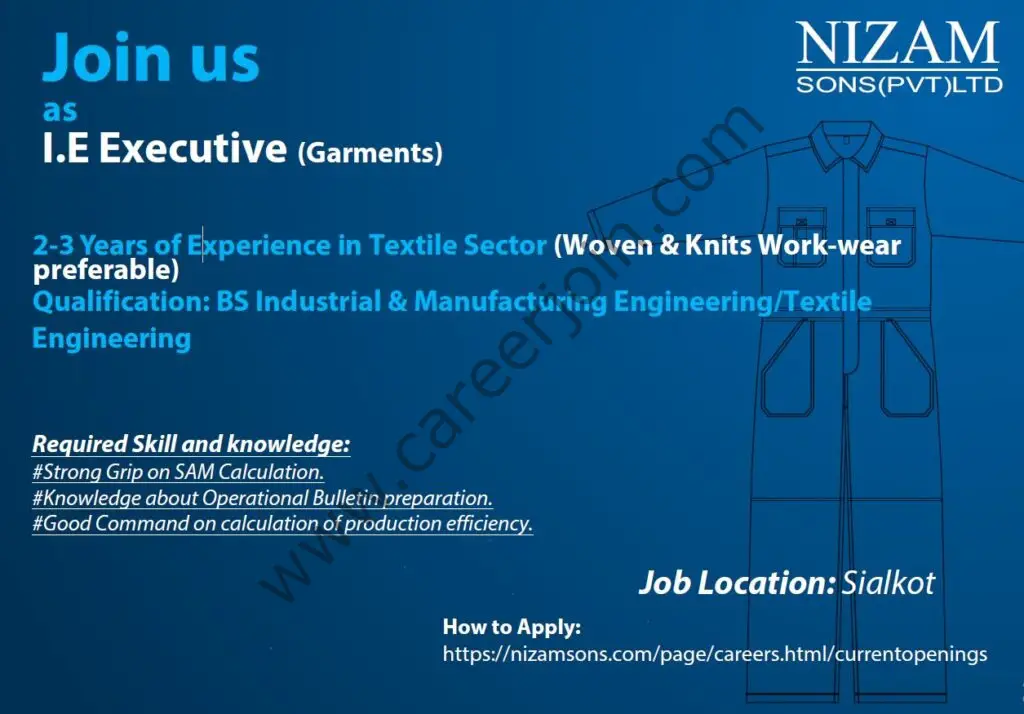 Nizam Sons Pvt Ltd Jobs I.E Executive (Garments) 01
