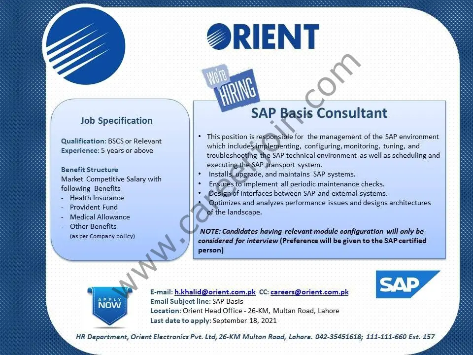 Orient Group of Companies Jobs SAP Basis Consultant 01