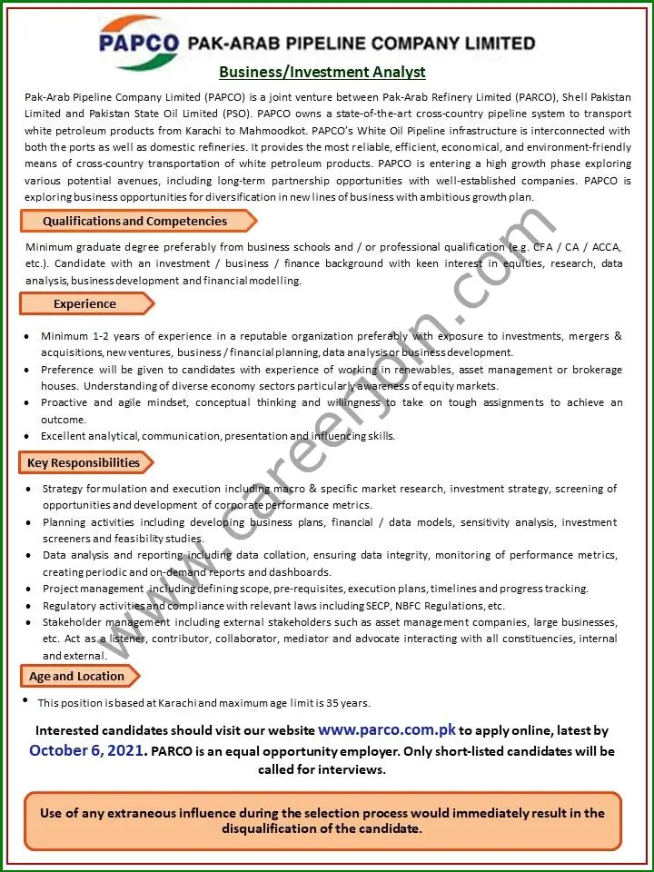 PARCO Pak Arab Pipeline Company Limited Jobs Business / Investment Analyst 01