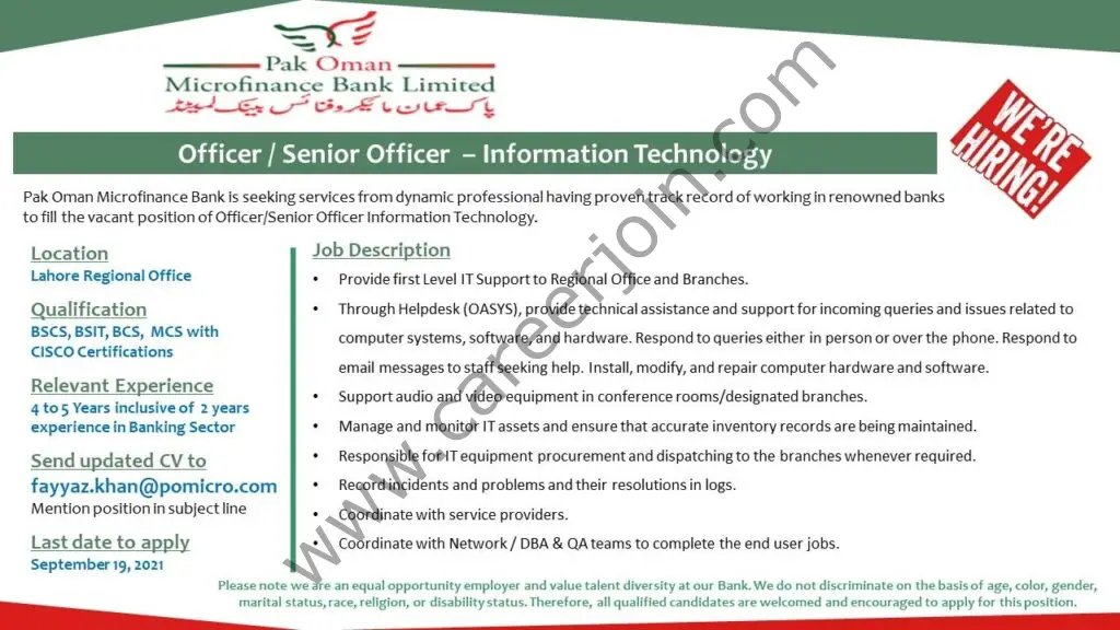 Pak Oman Microfinance Bank Limited Jobs Officer/Senior Officer Information Technology 01