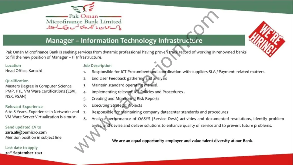 Pak Oman Microfinance Bank Ltd Jobs Manager Information Technology Infrastructure 01