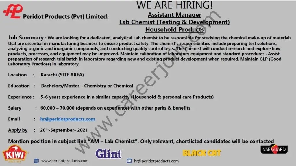 Peridot Products Pvt Ltd  Jobs Assistant Manager Lab Chemist 01