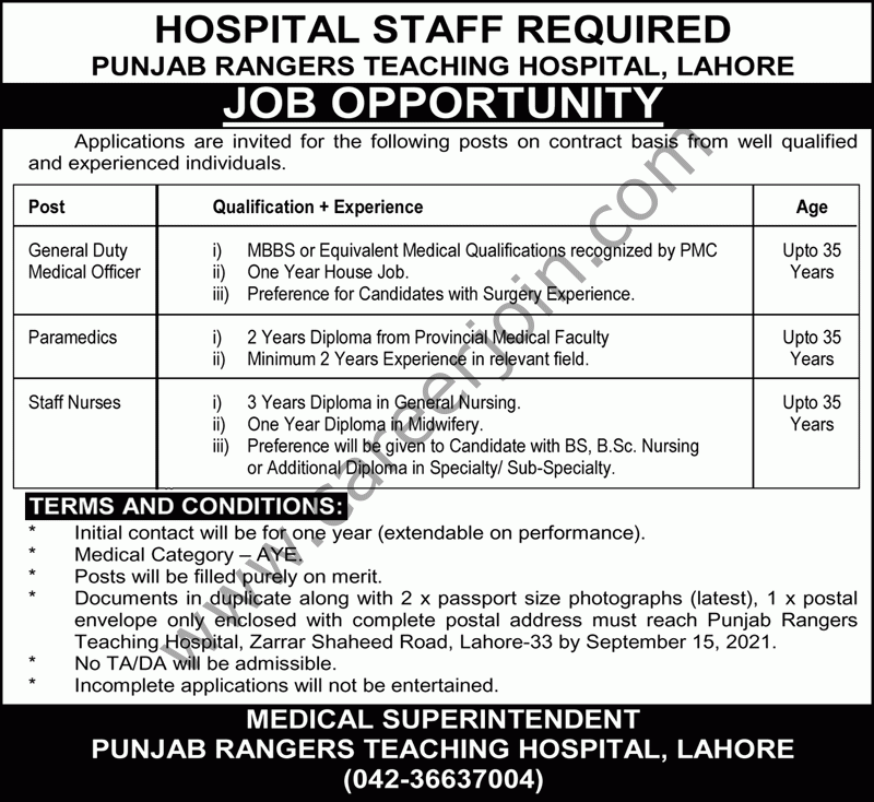 Punjab Rangers Teaching Hospital Jobs September 2021 01