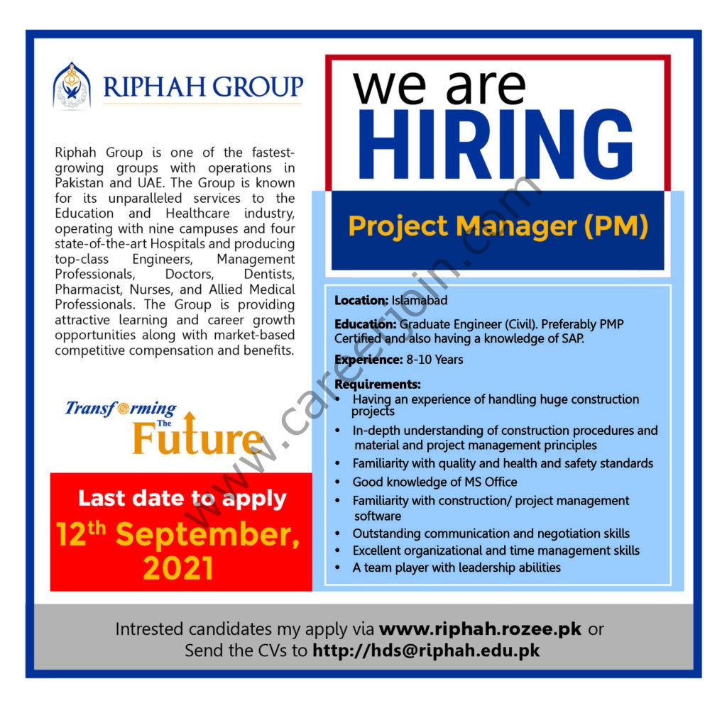 Riphah Group Jobs Project Manager 01