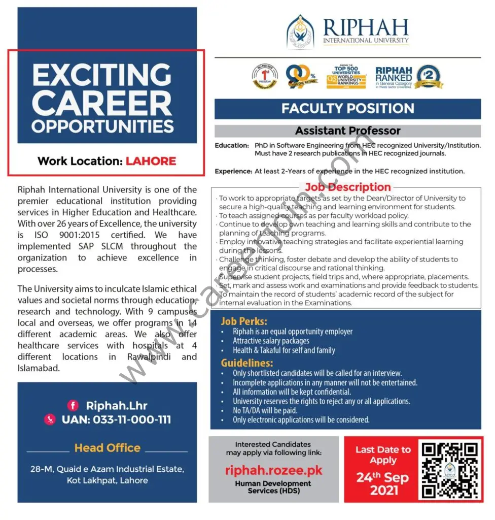 Riphah International University Jobs September 2021 03