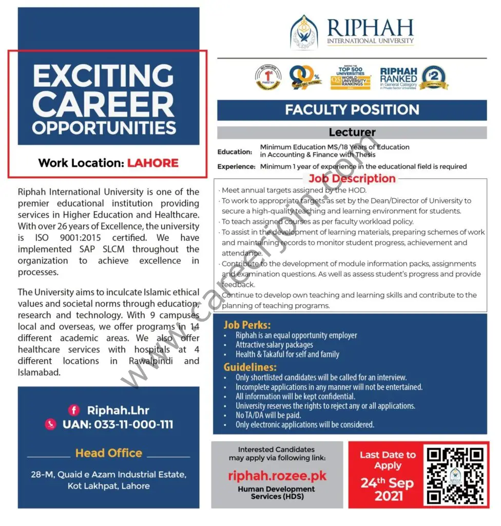 Riphah International University Jobs September 2021 02