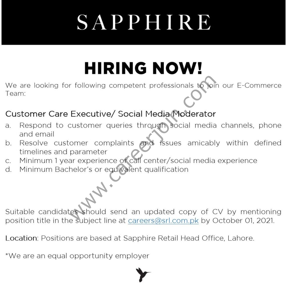 Sapphire Retail Limited SRL Jobs Customer Care Executive / Social Media Moderator 01