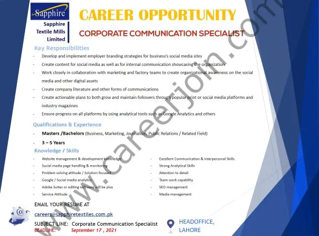 Sapphire Textile Mills Limited Jobs Corporate Communication Specialist 01