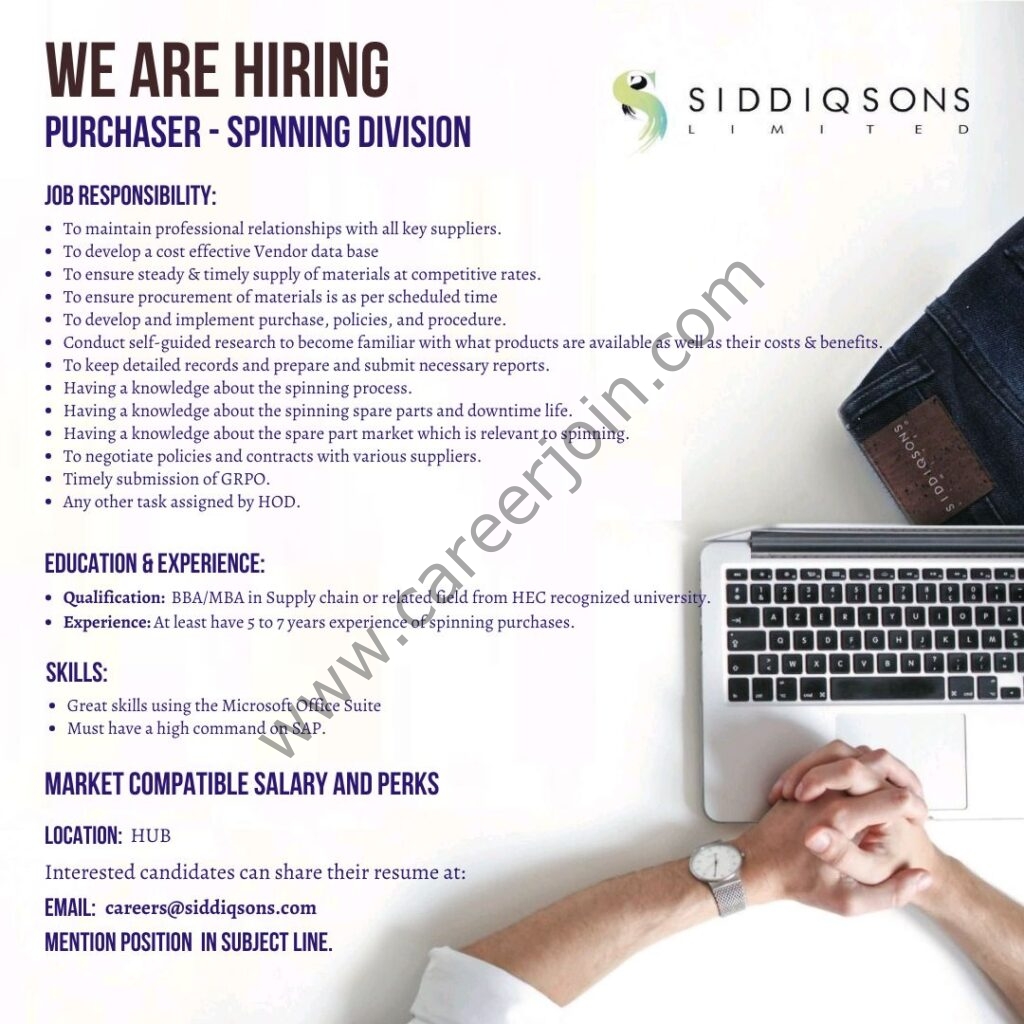 Siddiqsons Limited Jobs Purchaser Spinning Division 01