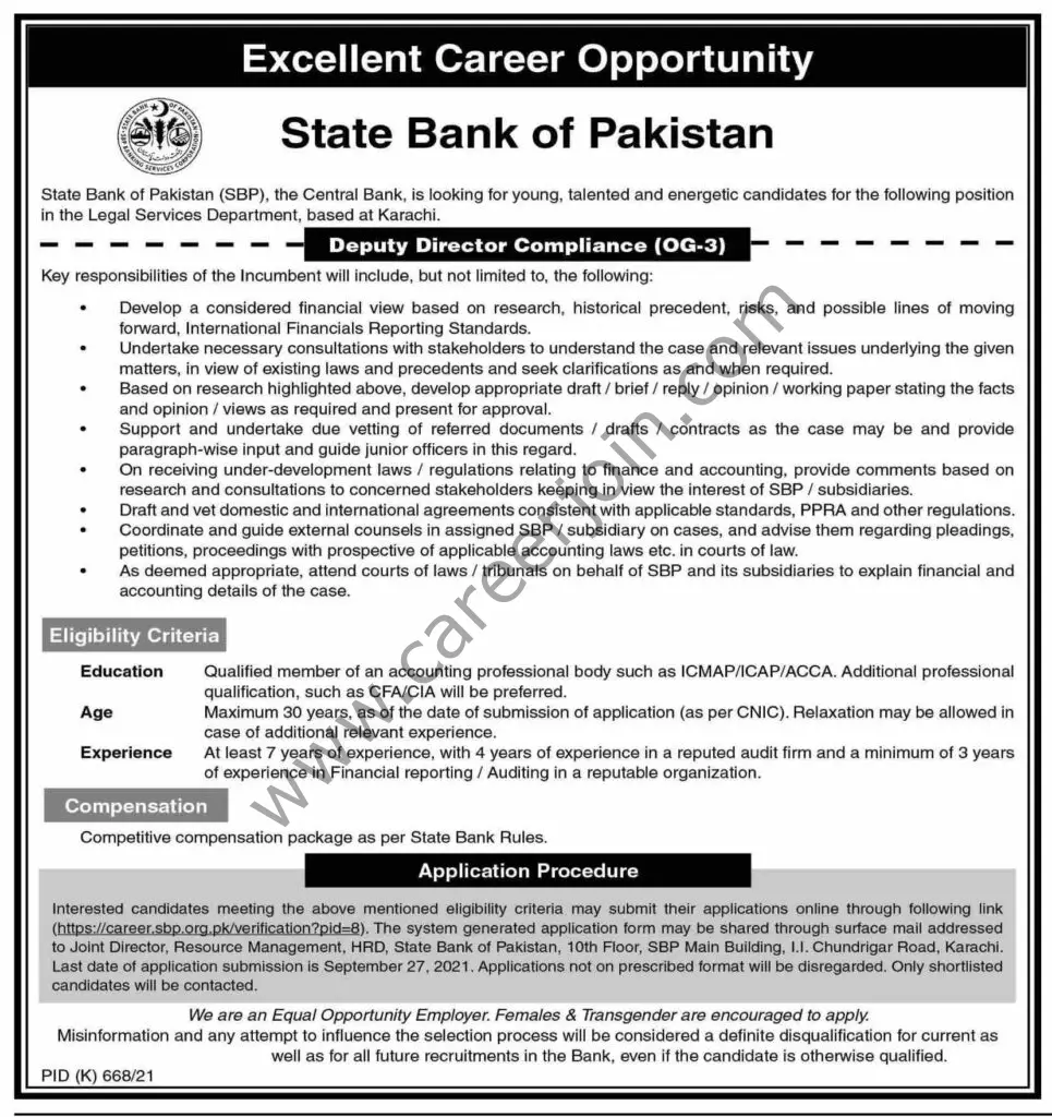 State Bank of Pakistan Jobs 12 September 2021 Dawn 01