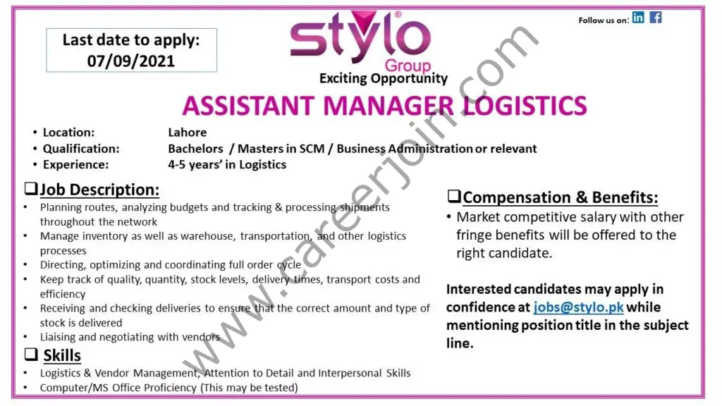 Stylo Pvt Ltd Jobs Assistant Manager Logistics 01