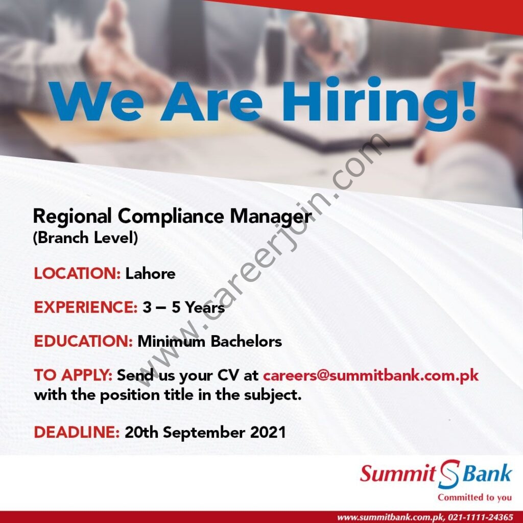 Summit Bank Jobs Regional Compliance Manager 01