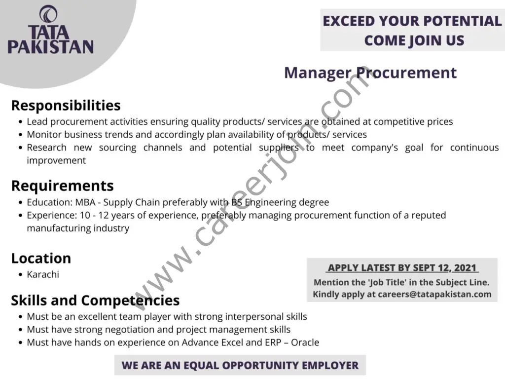 Tata Pakistan Jobs Manager Procurement 01