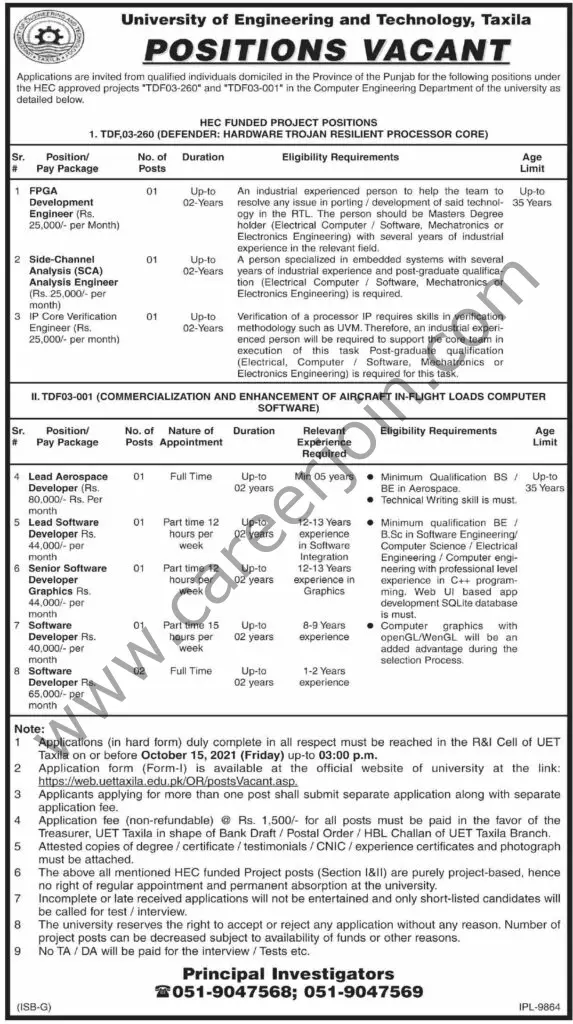 University Of Engineering and Technology UET Taxila Jobs 26 September 2021 Dawn 01