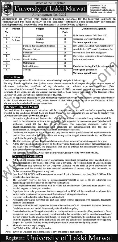 University Of Lakki Marwat Jobs September 2021 01